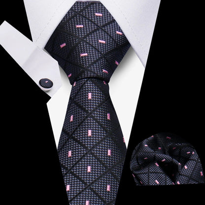 Business Ties For Men Tie Set Dots Necktie Classic Plaid Cufflinks Stripe Handkerchief For Wedding High Quality Formal Gravata - Ellianto fashion Men's