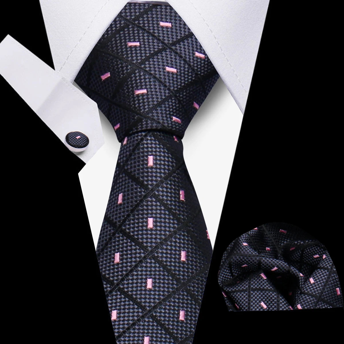 Tie Men Business Necktie Set Classic Plaid Cufflinks Handkerchief For Suit Wedding High Quality 3pcs Ties Sets Formal Gravata - Ellianto fashion Men's