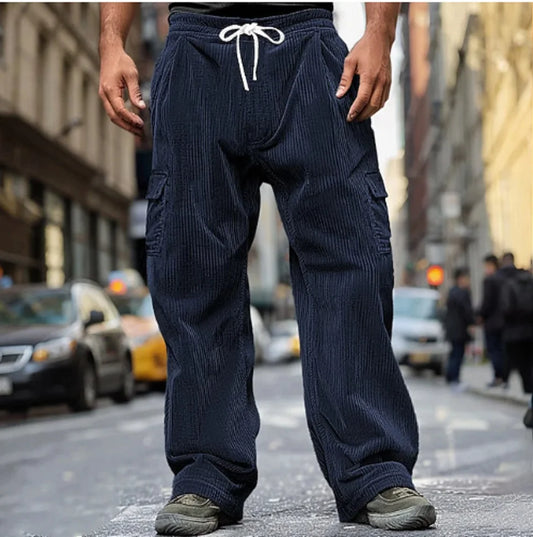 Autumn Casual Corduroy Pants Men's Long Pants Solid Color Drawstring Casual Breathable Wide-leg Multi-pocket Straight Pants - Ellianto fashion Men's