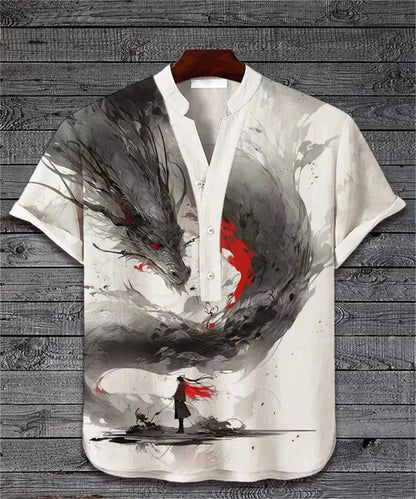 2025 Summer Japanese Water Monster Pattern Print Men's Short Sleeve Linen Shirt Hawaiian New Big Monster Shirt - Ellianto fashion Men's