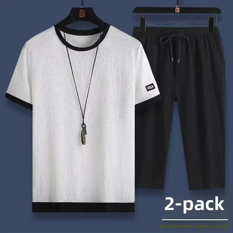 Ice Silk Men's Summer Loose Large Size Casual Sports Set Short Sleeve Seven Pants Two Piece Set Comfortable Breathable Clothing - Ellianto fashion Men's