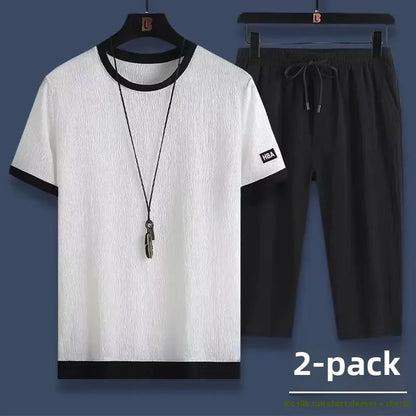 Ice Silk Men's Summer Loose Large Size Casual Sports Set Short Sleeve Seven Pants Two Piece Set Comfortable Breathable Clothing - Ellianto fashion Men's