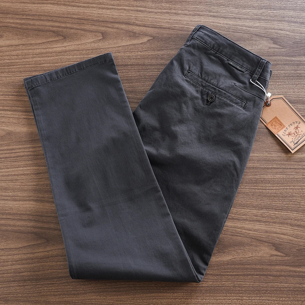 2025 Autumn New American Retro Woven Twill Cargo Pants Men's Simple 97.4% Cotton Washed Micro Elastic Straight Casual Trousers - Ellianto fashion Men's
