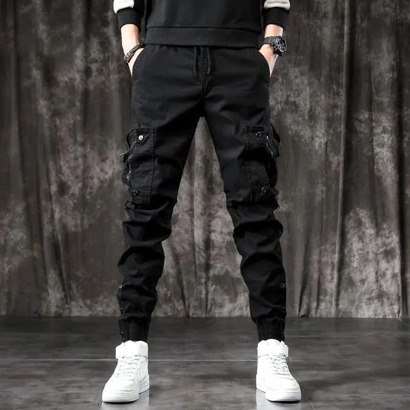 Trendy Men's Spring Autumn Cargo Pants Slim Fit Casual Style Loose Fit American Style Multiple Pocket Small Foot Pants Black - Ellianto fashion Men's