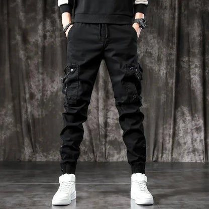 Trendy Men's Spring Autumn Cargo Pants Slim Fit Casual Style Loose Fit American Style Multiple Pocket Small Foot Pants Black - Ellianto fashion Men's