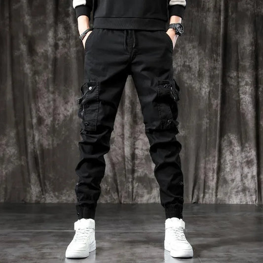 Trendy Men's Spring Autumn Cargo Pants Slim Fit Casual Style Loose Fit American Style Multiple Pocket Small Foot Pants Black - Ellianto fashion Men's