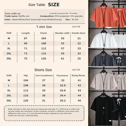 2025 Elegant casual T-shirt and shorts set for men's sports suit loose and comfortable summer waffle set for men - Ellianto fashion Men's