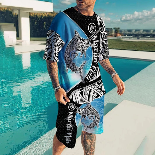 Set 2025 Men's Sports Set Graphic Print Workout Streetwear Matching Tracksuit Casual O-neck Short Sleeve Tees And Shorts Outfits - Ellianto fashion Men's