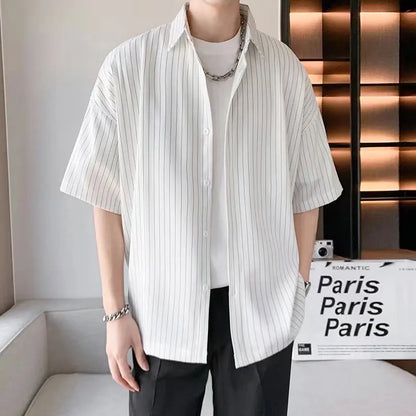 Striped Shirt men Japanese Casual Oversize Trend Black Unisex gothic Short Sleeved Blouses - Ellianto fashion Men's