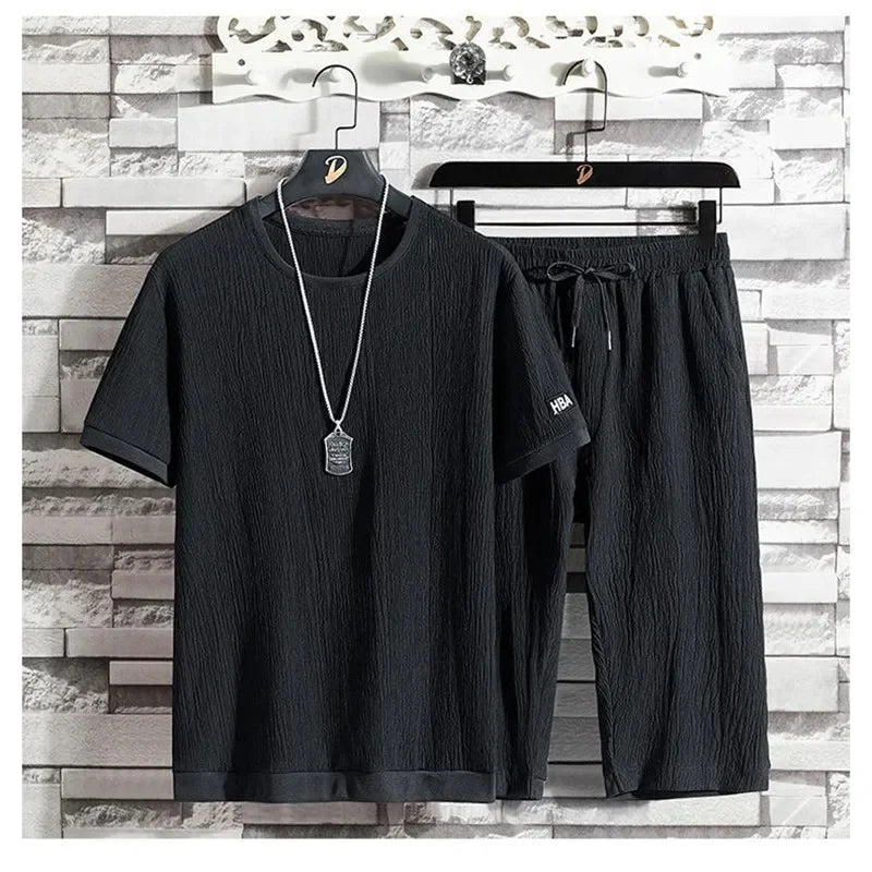 Ice Silk Men's Summer Loose Large Size Casual Sports Set Short Sleeve Seven Pants Two Piece Set Comfortable Breathable Clothing - Ellianto fashion Men's