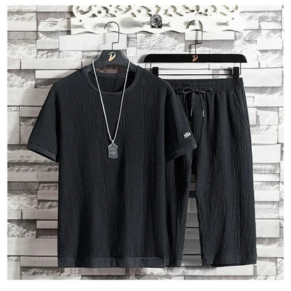 Ice Silk Men's Summer Loose Large Size Casual Sports Set Short Sleeve Seven Pants Two Piece Set Comfortable Breathable Clothing - Ellianto fashion Men's