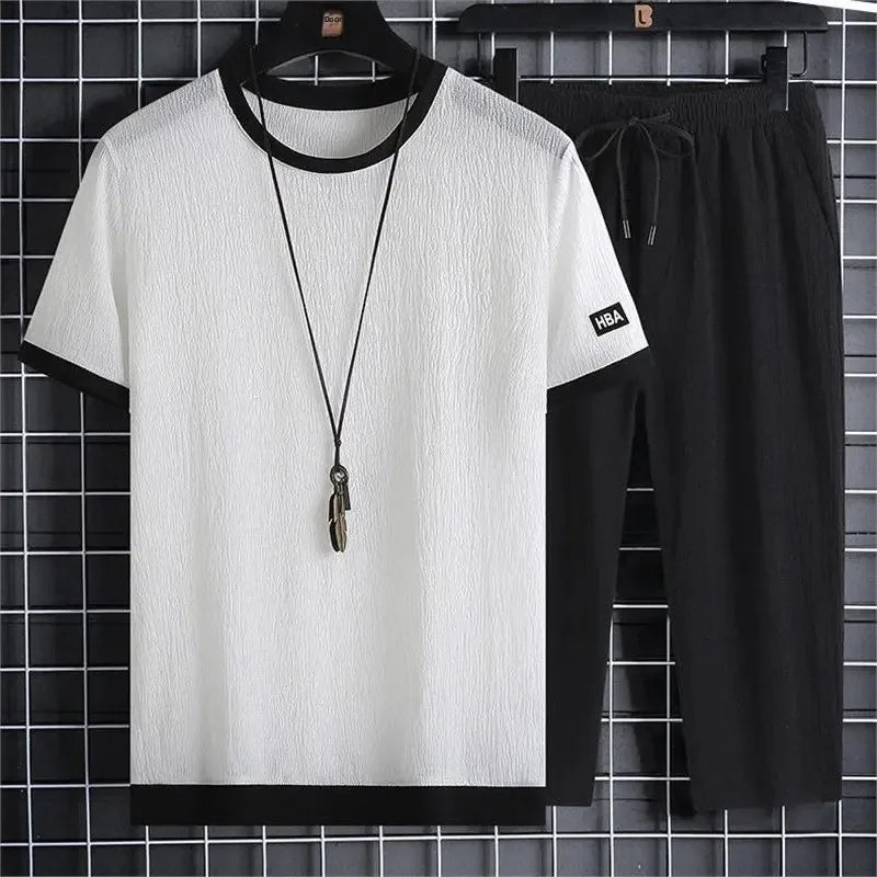 Ice Silk Men's Summer Loose Large Size Casual Sports Set Short Sleeve Seven Pants Two Piece Set Comfortable Breathable Clothing - Ellianto fashion Men's