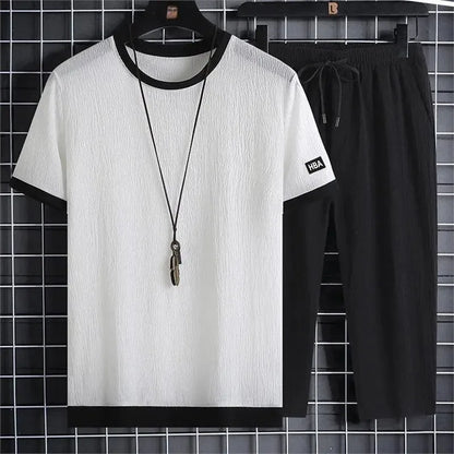 Ice Silk Men's Summer Loose Large Size Casual Sports Set Short Sleeve Seven Pants Two Piece Set Comfortable Breathable Clothing - Ellianto fashion Men's
