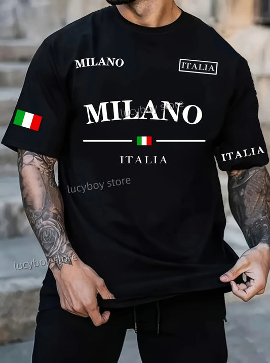 MILANO ITALIA Flag Printed Mens Short Sleeve T Shirt Man O-Neck Sportwear plus size Football Tee Vintage Casual Tops Men Clothes - Ellianto fashion Men's