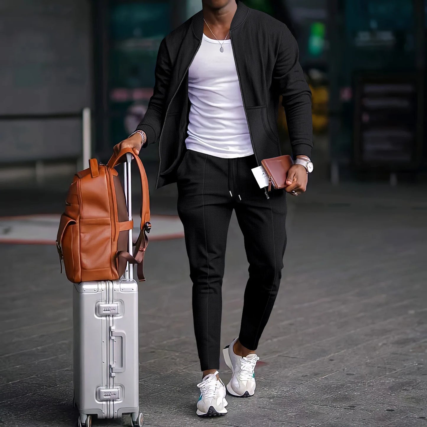 Set Autumnwinter men's casual blazer set new fashion Waffle baseball suit round neck pocket zipper long sleeve trousers two-piece se - Ellianto fashion Men's