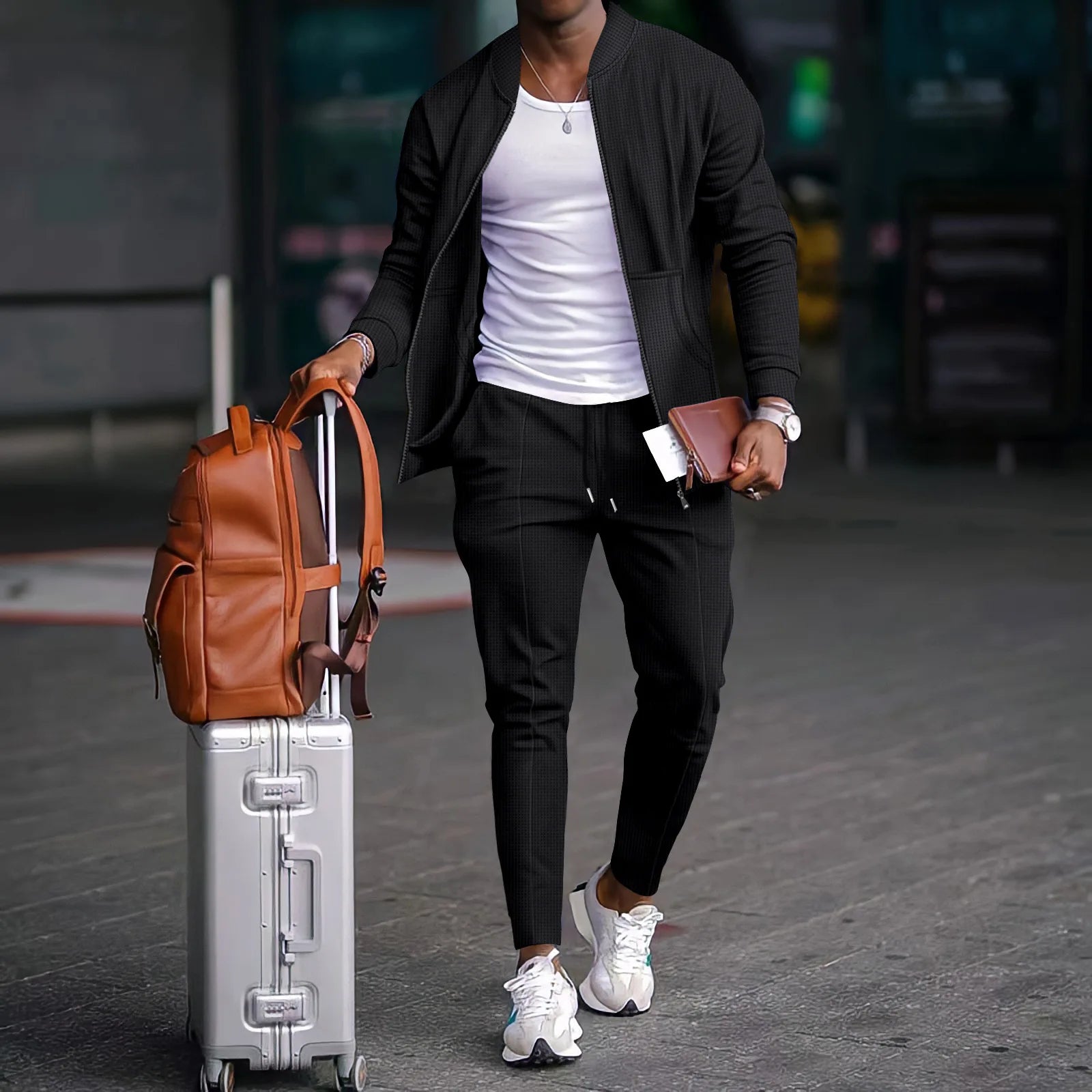 Set Autumnwinter men's casual blazer set new fashion Waffle baseball suit round neck pocket zipper long sleeve trousers two-piece se - Ellianto fashion Men's