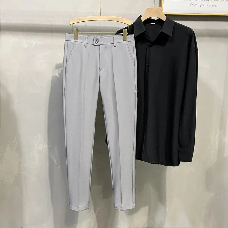 Men's Business Casual Pants Long Trousers Spring Summer Youth Slim Fit Suit Pants Spring Small Foot No Ironing Thin Pants - Ellianto fashion Men's