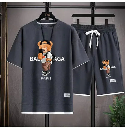 Set The 2025 new summer men's suit jacket short-sleeved oversized T-shirt + outdoor men's jogging casual shorts 2-piece set is sport - Ellianto fashion Men's