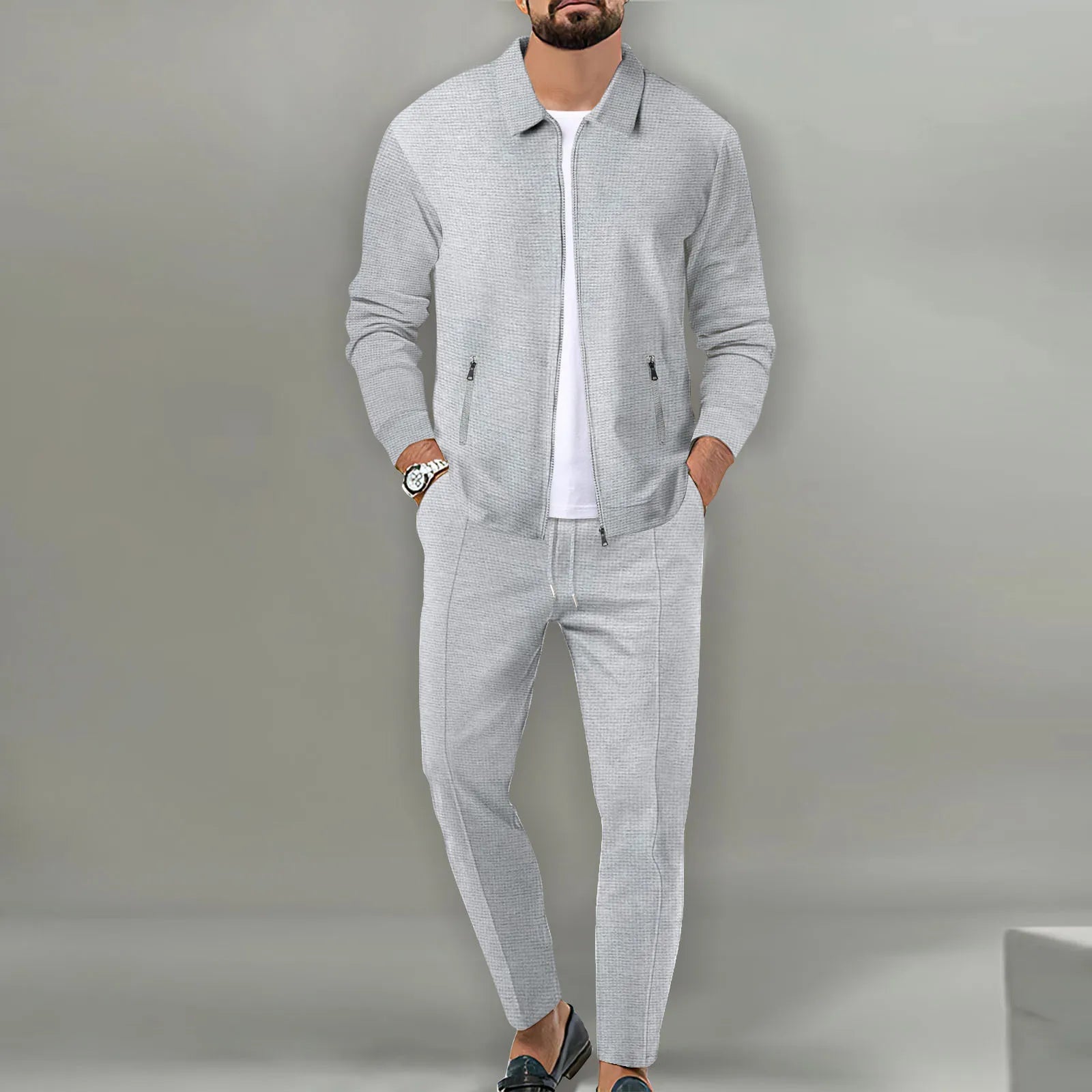 Set Autumnwinter men's casual blazer set new fashion Waffle baseball suit round neck pocket zipper long sleeve trousers two-piece se - Ellianto fashion Men's