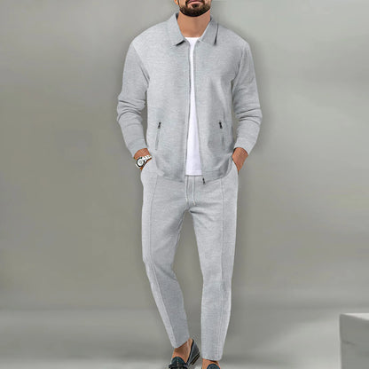 Set Autumnwinter men's casual blazer set new fashion Waffle baseball suit round neck pocket zipper long sleeve trousers two-piece se - Ellianto fashion Men's