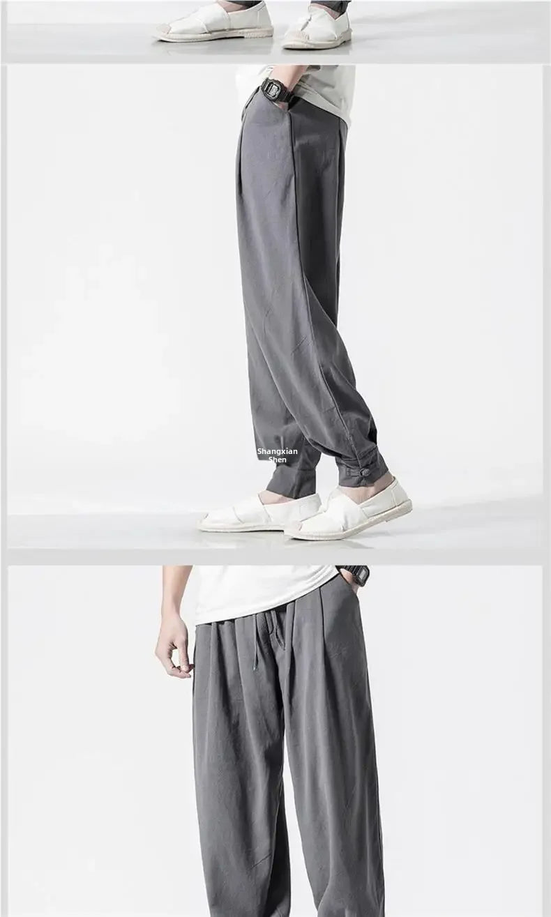 Loose-fit Cotton Linen Men's Women's Monk Pants No Tying Required Casual Spring Summer Long Pants For Zen Meditation - Ellianto fashion Men's