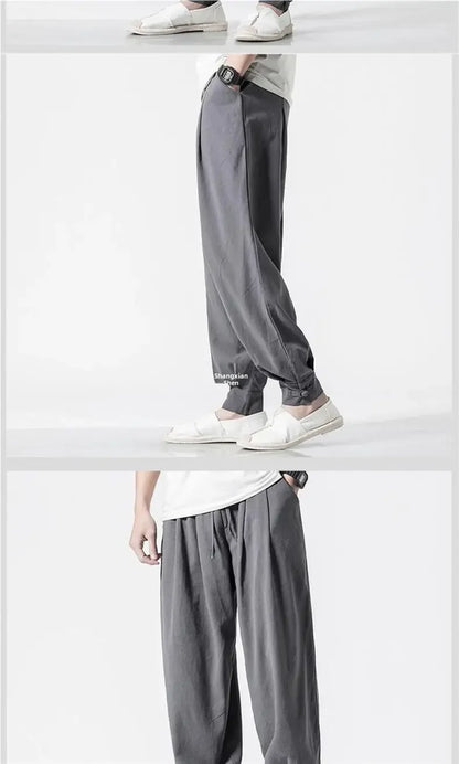 Loose-fit Cotton Linen Men's Women's Monk Pants No Tying Required Casual Spring Summer Long Pants For Zen Meditation - Ellianto fashion Men's
