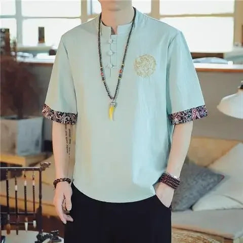 Men’s Chinese-Style Summer Cotton-Linen Short-Sleeve Shirt – Lightweight Comfort with Elegant Embroidered Crane Design for the Modern Gentleman