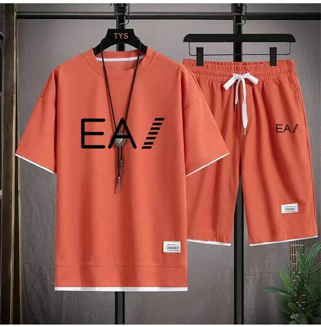 Set A new summer European men's breathable waffle round-neck short-sleeved and jogging sports shorts digital printing two-piece set - Ellianto fashion Men's