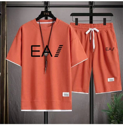 Set A new summer European men's breathable waffle round-neck short-sleeved and jogging sports shorts digital printing two-piece set - Ellianto fashion Men's