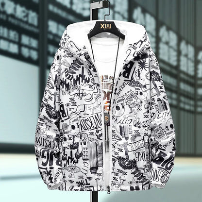 NEW Strewear Graffiti Printed Fashion Reversible Male god Jacket Men Thin Hooded Jackets Windbreakers Clothing Plus Size