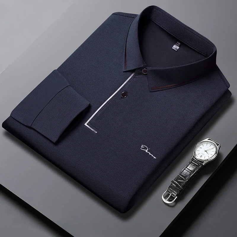 New Men's Business Casual Long Sleeved Shirt with Badge Solid Color Polo Shirt Fashionable Breathable Comfortable Versatile Top - Ellianto fashion Men's