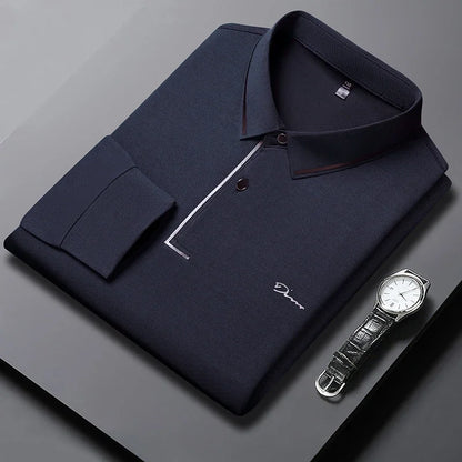 New Men's Business Casual Long Sleeved Shirt with Badge Solid Color Polo Shirt Fashionable Breathable Comfortable Versatile Top - Ellianto fashion Men's