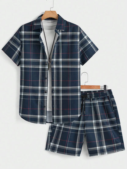 Set Street Casual Men's Suit Personalized Fashion Plaid Printed Pattern Short Sleeve Lapel Shirt and Shorts Men's Two Piece Set - Ellianto fashion Men's