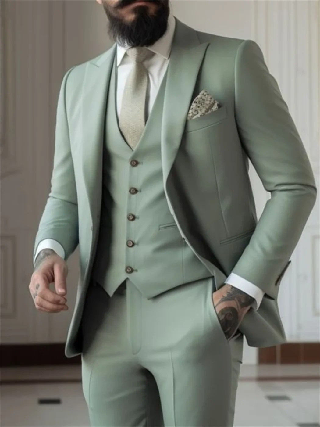 3 Piece Sage Green Men's Slim Fit Suits (Jacket+Vest+Pant) Wedding Groom Tuxedos Prom Formal Male Party Blazers - Ellianto fashion Men's