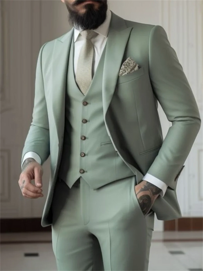 3 Piece Sage Green Men's Slim Fit Suits (Jacket+Vest+Pant) Wedding Groom Tuxedos Prom Formal Male Party Blazers - Ellianto fashion Men's