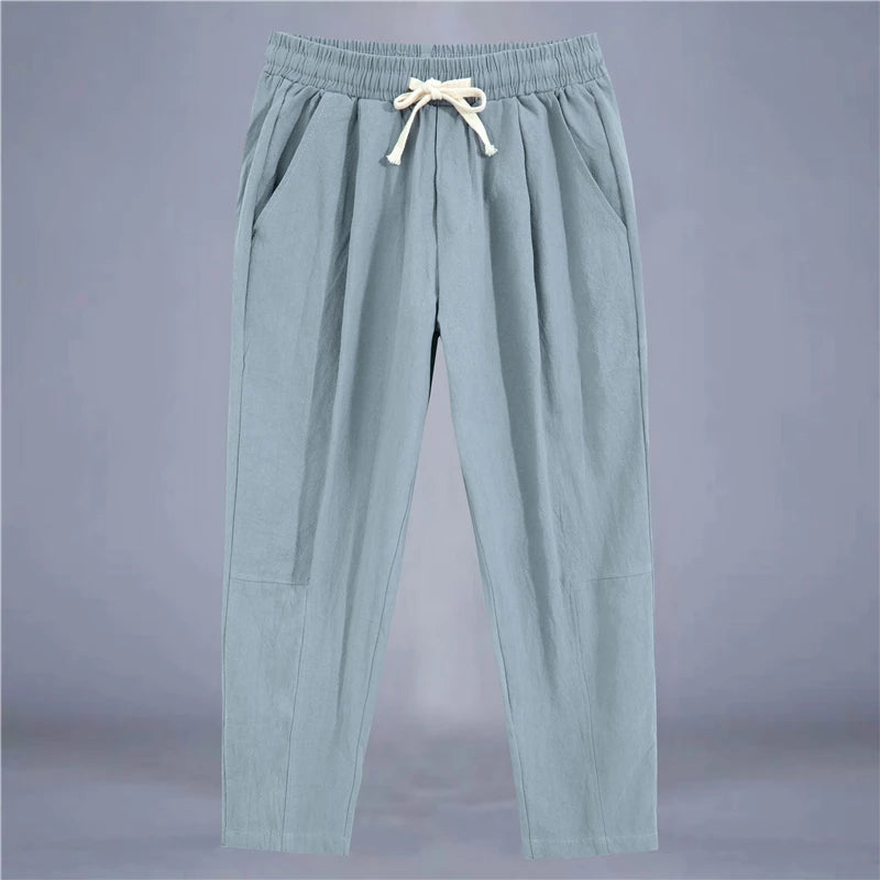 Men's Trousers Cotton Linen Fashion Casual Pants Solid Color Breathable Loose Shorts Straight Drawstring Pants Streetwear Men - Ellianto fashion Men's