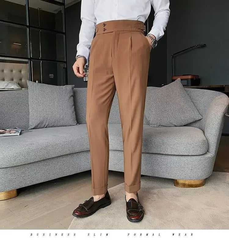 AutumnCasualTrousersMenStraight-LegNarrow-FitHigh-WaistedSlimsBritishStyleSuit Pants BusinessAttire - Ellianto fashion Men's