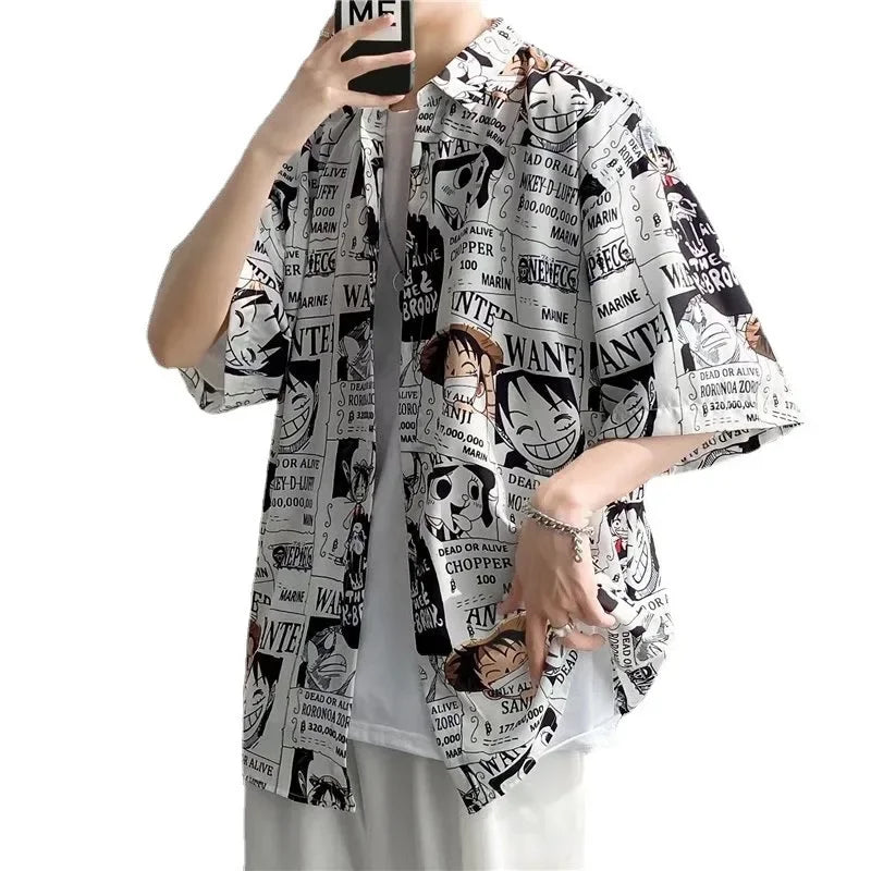Retro Japanese Cartoon Short-Sleeve Shirt – Lightweight, Cool Comfort with Hong Kong-Inspired Streetwear Style for the Modern Gentleman