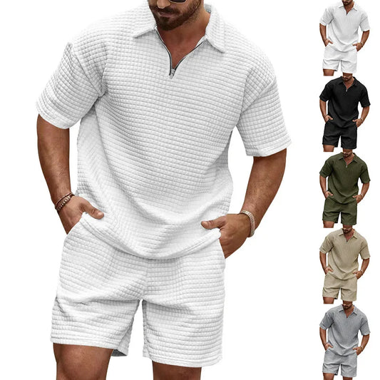 2025 European and American Men's Spring and Summer Trends Youth Outdoor Lapel Small Plaid Short Sleeve Shorts Sports Suit - Ellianto fashion Men's