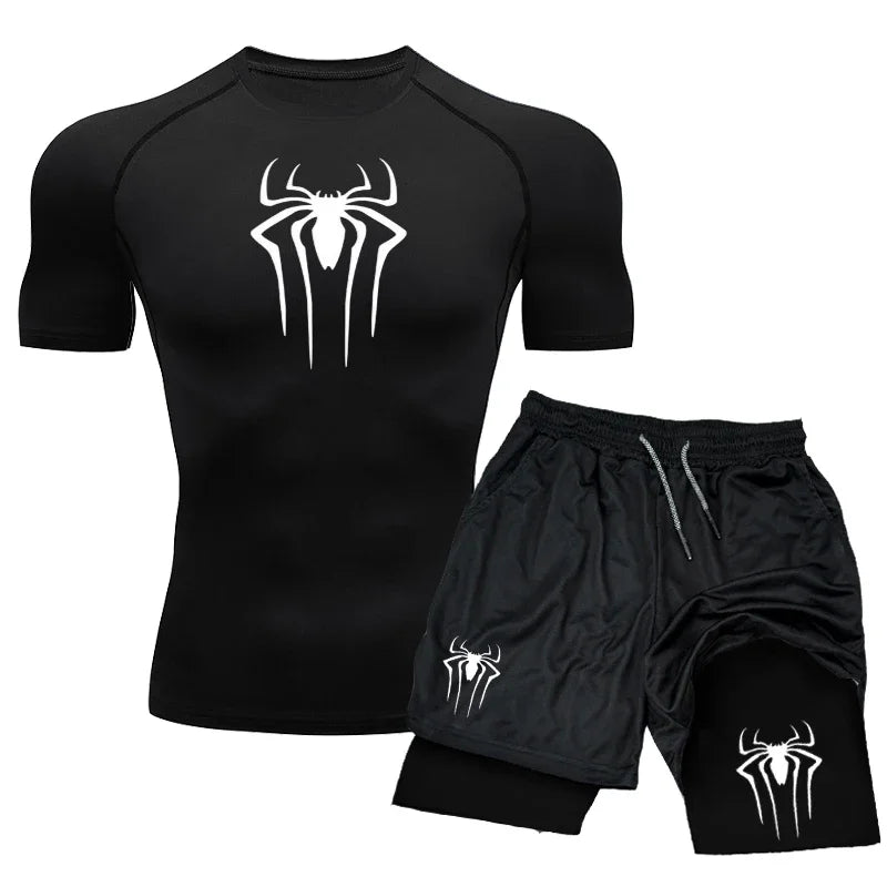 Men’s Spider-Print Compression Sports Set – Lightweight Quick-Dry Gym T-Shirt & Shorts for Effortless 2-Piece Training Comfort