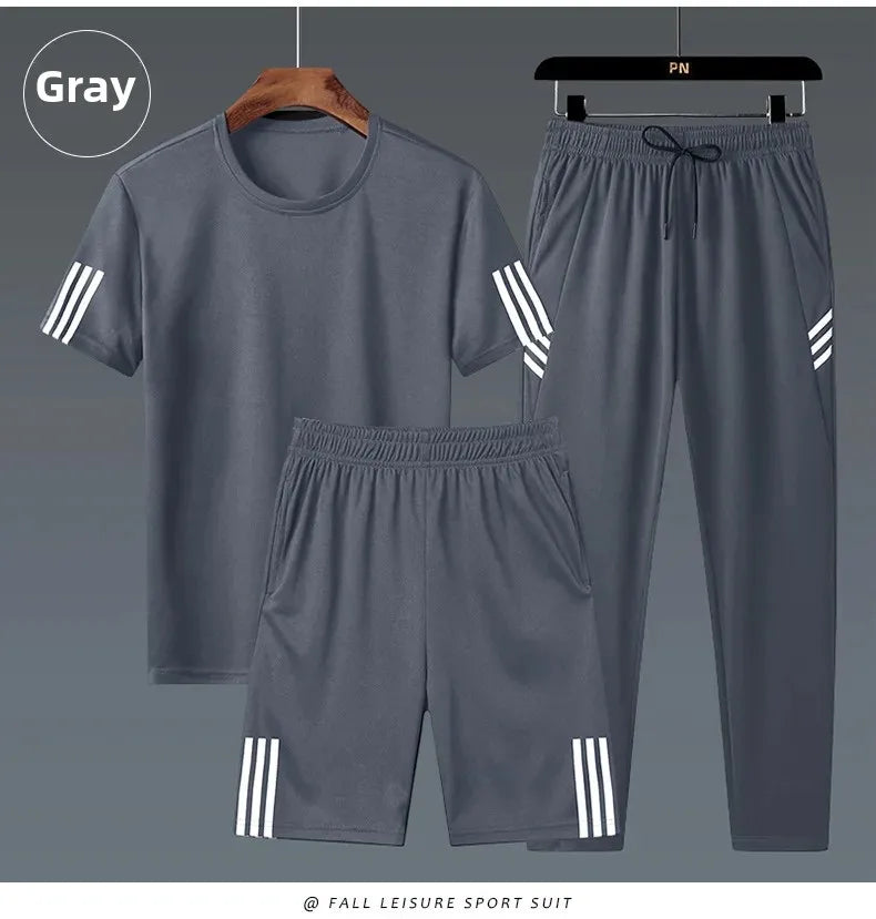 Summer Casual Sports Men's Short Sleeve T-Shirt plus Size Three-Piece Set New Style Long Pants Comfortable Breathable Clothing - Ellianto fashion Men's