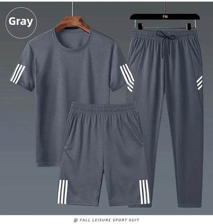Summer Casual Sports Men's Short Sleeve T-Shirt plus Size Three-Piece Set New Style Long Pants Comfortable Breathable Clothing - Ellianto fashion Men's