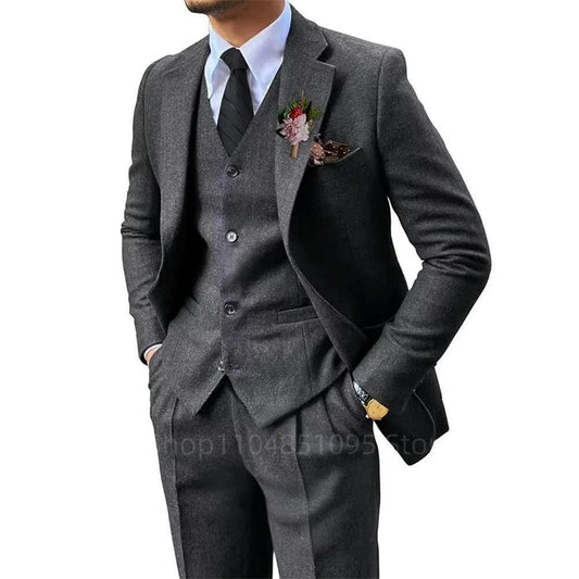 Black/Brown Men 3 Pieces Herringbone Suit Formal Business Tweed Groom Tuxedo for Men Wedding Men's Suit Jacket Vest Pants Set - Ellianto fashion Men's