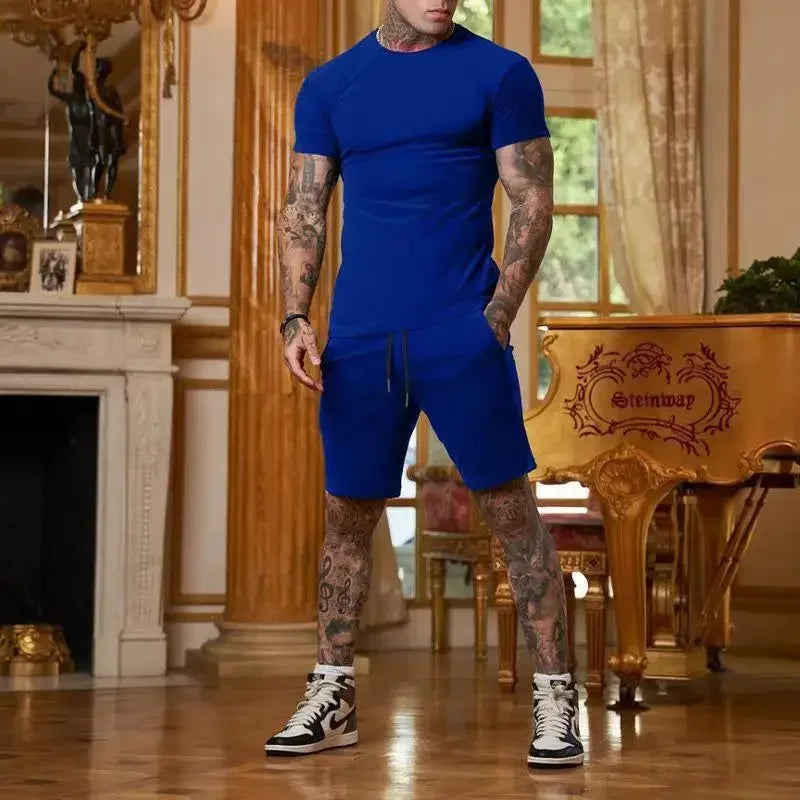 2025 summer new men's breathable sportswear short sleeved t-shirt and shorts set popular quick drying clothing - Ellianto fashion Men's