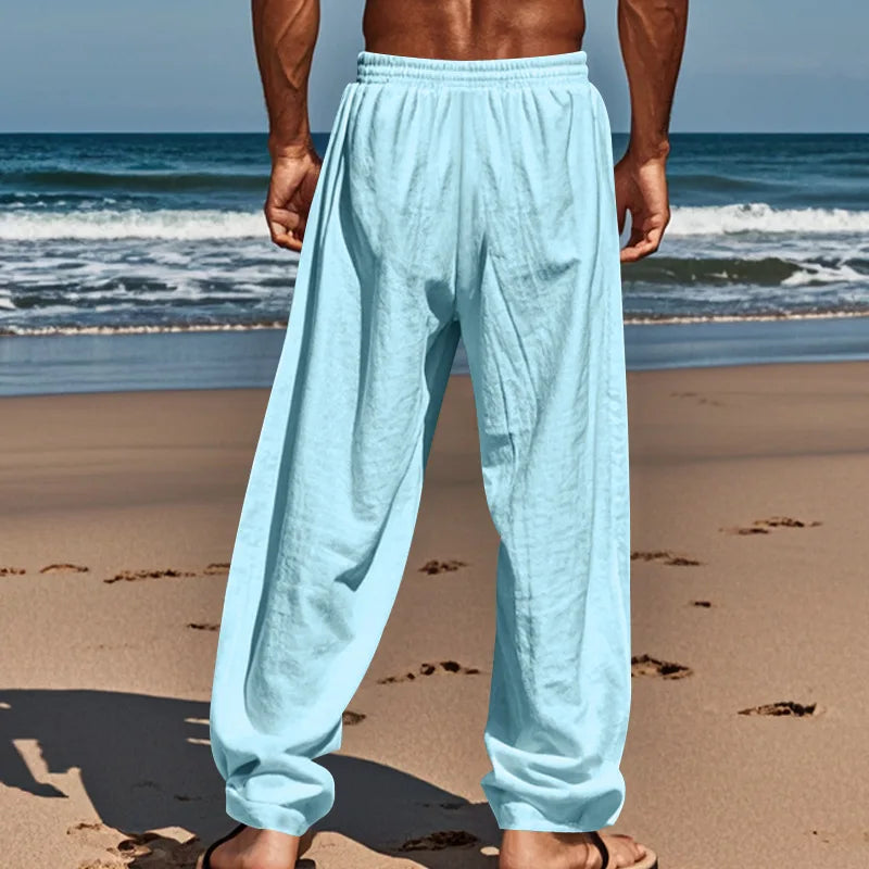 Men's Summer Drawstring Waist Wide Leg Loose Cotton Linen Yoga Pants Beach Casual Trousers with Pockets Casual Lightweight Pants - Ellianto fashion Men's
