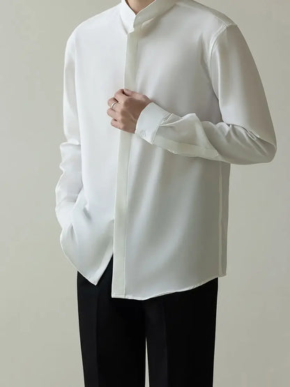 Style Men's Shirt Autumn Lightweight Fashion Korean Version Slims Smooths Silhouette Non-iron Business Ice Silk Sleeve Trendy - Ellianto fashion Men's