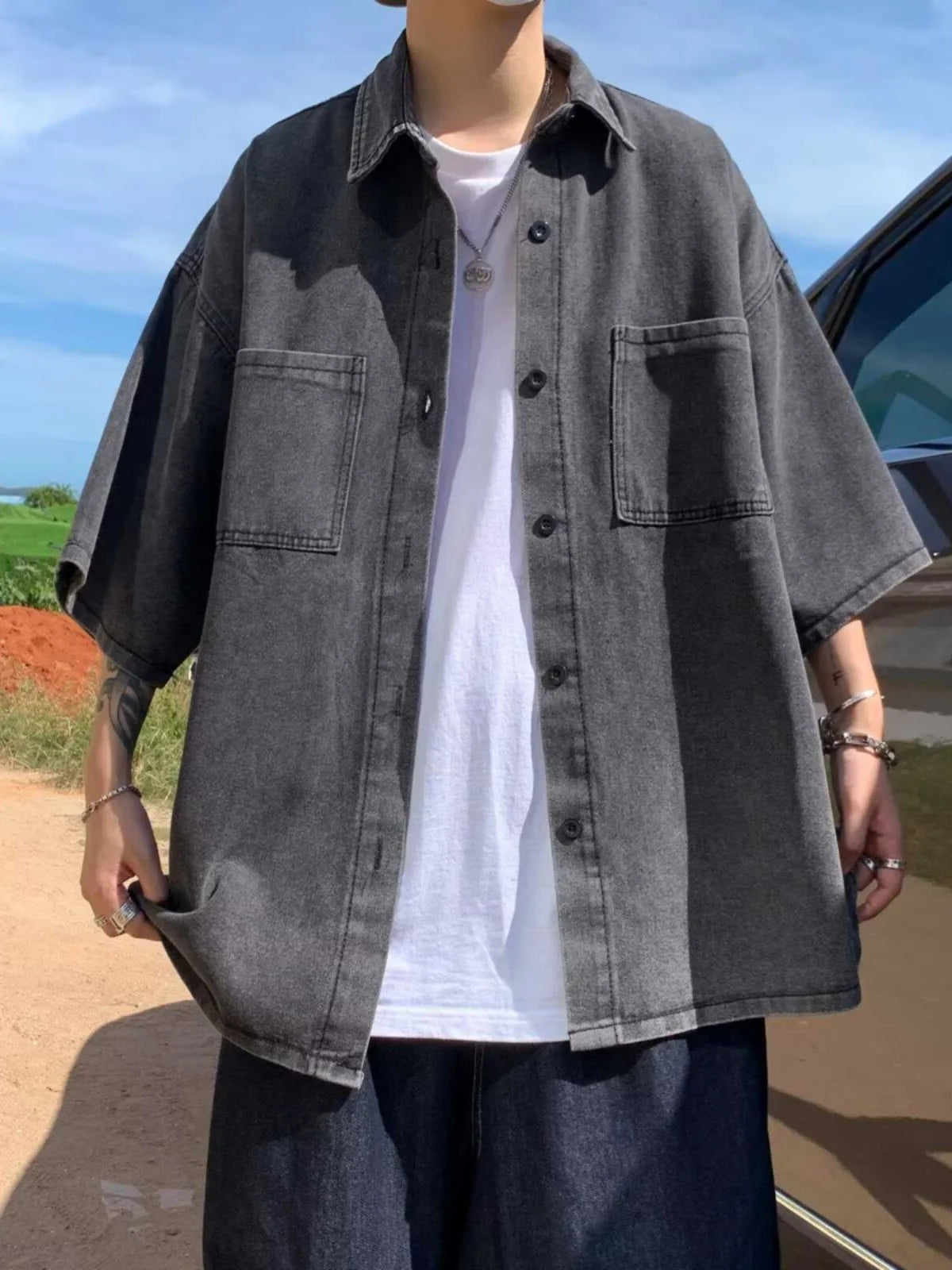 Loose Fit Men's Denim irt ort Sve Five-Quarter Sve Youth Trend Summer Casual Pure Color Workwear Sle Outerwear - Ellianto fashion Men's