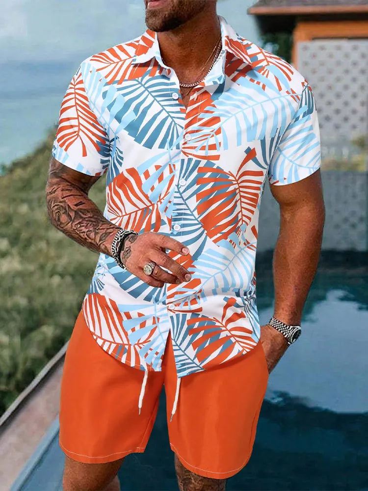 Set New Palm Leaf Print Men's Casual Shirt Hawaiian Men's Beach Shorts Summer Everyday Short-sleeved Shirt And Sports Shorts Set - Ellianto fashion Men's