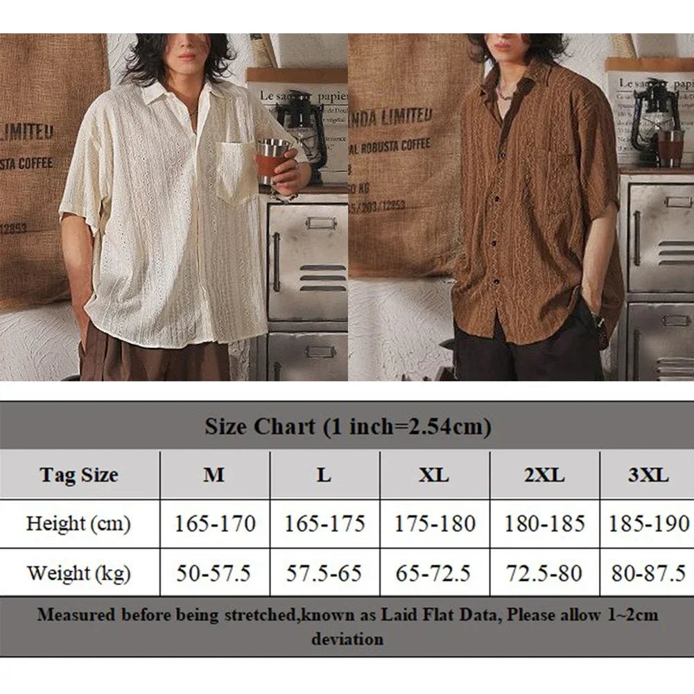 2025 Men Casual Loose Hollow Out Short Sleeve Shirts with pockets Retro Fashion Vacation/Daily All-Match Tops Solid Color - Ellianto fashion Men's