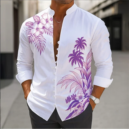Men's Long Sleeve Shirt Cross Border Summer 3D Bamboo Print Flower Vintage Flip-Neck Long Sleeve Button Top